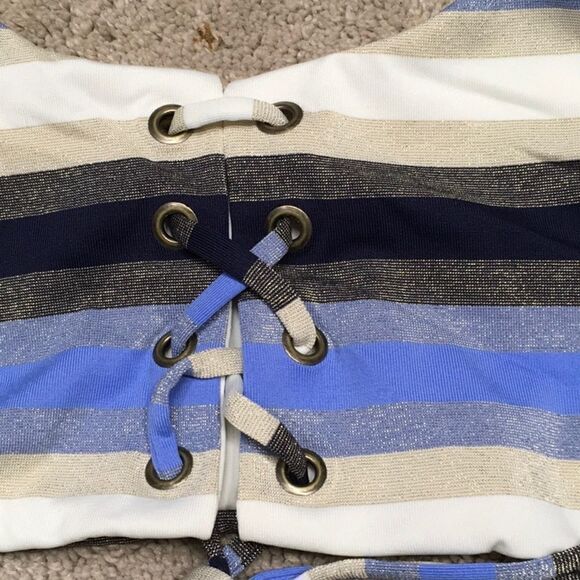Rare. PILYQ metallic navy, blue, tan, cream stripe lace up bikini. NWT - Picture 11 of 14